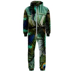 Peacock Feathers Blue Green Texture Hooded Jumpsuit (men) by Wav3s