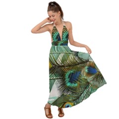 Peacock Feathers Blue Green Texture Backless Maxi Beach Dress