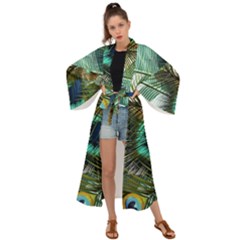 Peacock Feathers Blue Green Texture Maxi Kimono by Wav3s