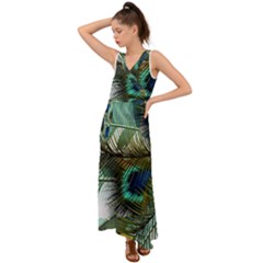 Peacock Feathers Blue Green Texture V-neck Chiffon Maxi Dress