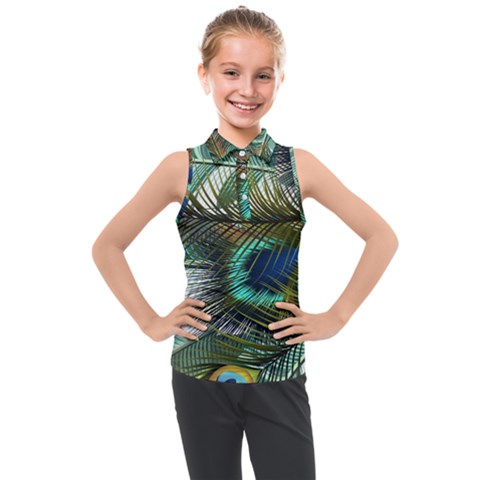 Peacock Feathers Blue Green Texture Kids  Sleeveless Polo Tee by Wav3s