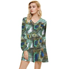 Peacock Feathers Blue Green Texture Tiered Long Sleeve Mini Dress by Wav3s