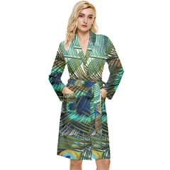 Peacock Feathers Blue Green Texture Long Sleeve Velvet Robe by Wav3s