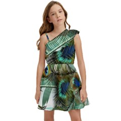 Peacock Feathers Blue Green Texture Kids  One Shoulder Party Dress by Wav3s