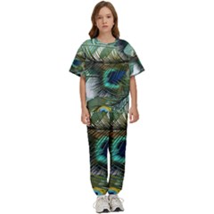 Peacock Feathers Blue Green Texture Kids  Tee And Pants Sports Set