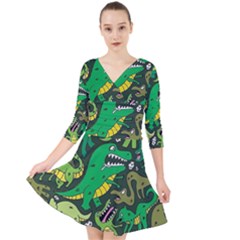 Dino Kawaii Quarter Sleeve Front Wrap Dress by Wav3s