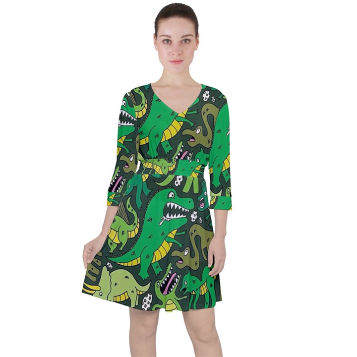 Dino Kawaii Quarter Sleeve Ruffle Waist Dress