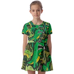 Dino Kawaii Kids  Short Sleeve Pinafore Style Dress by Wav3s