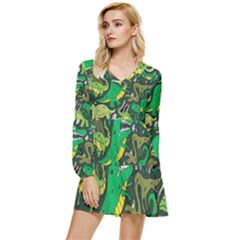 Dino Kawaii Tiered Long Sleeve Mini Dress by Wav3s