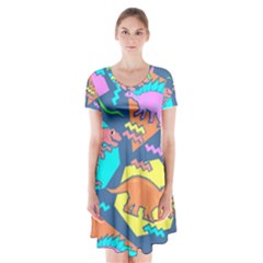 Dinosaur Pattern Short Sleeve V-neck Flare Dress by Wav3s