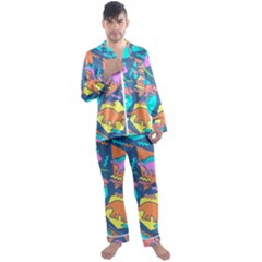 Dinosaur Pattern Men s Long Sleeve Satin Pajamas Set by Wav3s