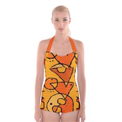 Mazipoodles In The Frame - Orange Boyleg Halter Swimsuit  by Mazipoodles
