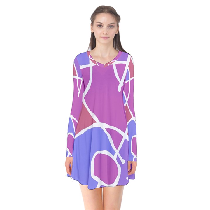 Mazipoodles In The Frame  - Pink Purple Long Sleeve V-neck Flare Dress
