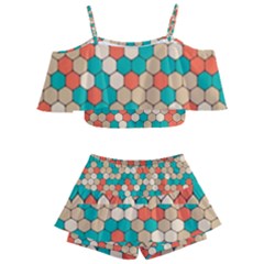 Multicolored Honeycomb Colorful Abstract Geometry Kids  Off Shoulder Skirt Bikini by Vaneshop