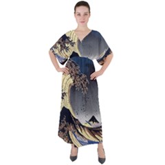 The Great Wave Off Kanagawa Japanese Waves V-neck Boho Style Maxi Dress by Vaneshop