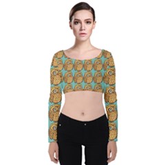 Owl Bird Pattern Velvet Long Sleeve Crop Top by Vaneshop