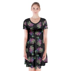 Midnight Noir Garden Chic Pattern Short Sleeve V-neck Flare Dress by dflcprintsclothing