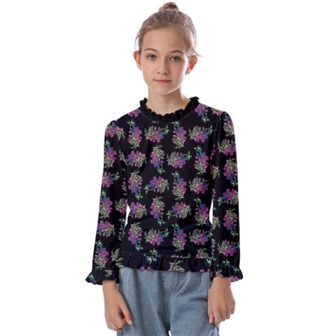 Midnight Noir Garden Chic Pattern Kids  Frill Detail Tee by dflcprintsclothing