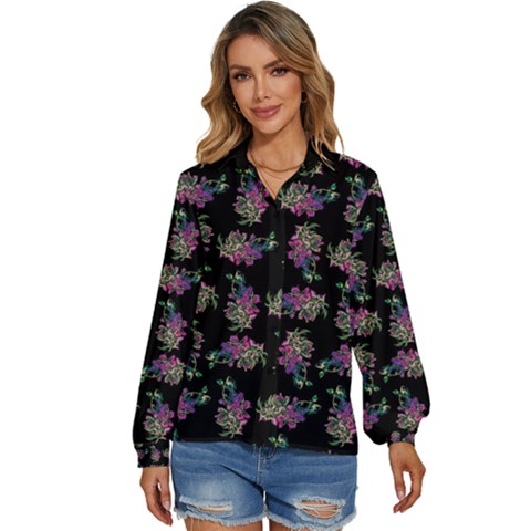 Midnight Noir Garden Chic Pattern Women s Long Sleeve Button Up Shirt by dflcprintsclothing