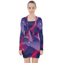 Abstract Landscape Sunrise Mountains Blue Sky V-neck Bodycon Long Sleeve Dress by Grandong