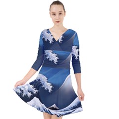 The Great Wave Off Kanagawa Quarter Sleeve Front Wrap Dress by Grandong