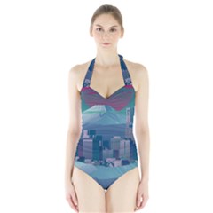 The Sun City Tokyo Japan Volcano Kyscrapers Building Halter Swimsuit by Grandong