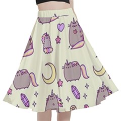 Beautiful Beauty Cartoon Cat A-line Full Circle Midi Skirt With Pocket by Grandong