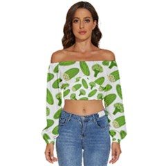 Vegetable Pattern With Composition Broccoli Long Sleeve Crinkled Weave Crop Top by Grandong