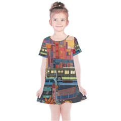 The City Style Bus Fantasy Architecture Art Kids  Simple Cotton Dress by Grandong