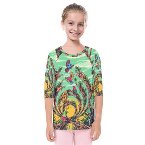 Monkey Tiger Bird Parrot Forest Jungle Style Kids  Quarter Sleeve Raglan Tee by Grandong