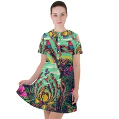 Monkey Tiger Bird Parrot Forest Jungle Style Short Sleeve Shoulder Cut Out Dress  by Grandong