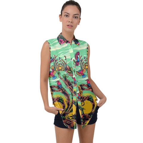 Monkey Tiger Bird Parrot Forest Jungle Style Sleeveless Chiffon Button Shirt by Grandong