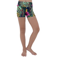 Monkey Tiger Bird Parrot Forest Jungle Style Kids  Lightweight Velour Yoga Shorts by Grandong