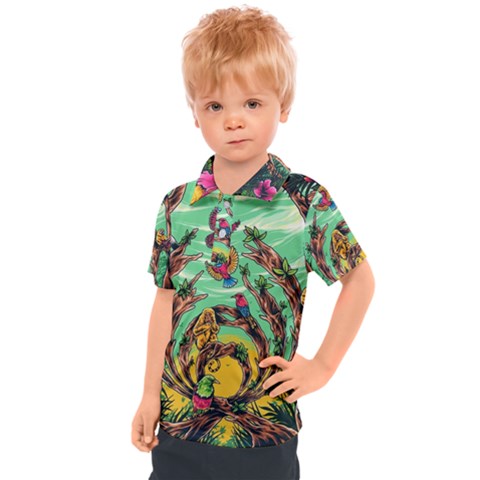 Monkey Tiger Bird Parrot Forest Jungle Style Kids  Polo Tee by Grandong