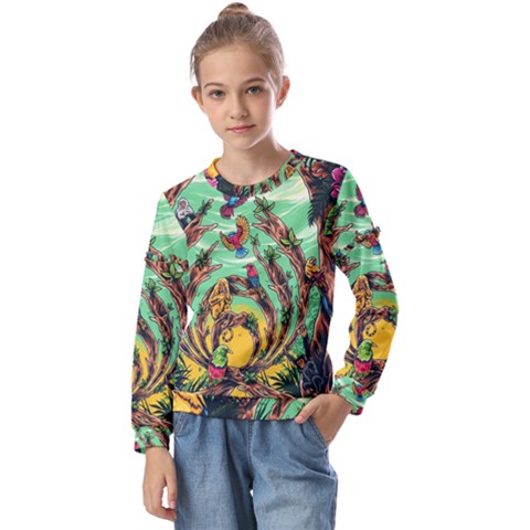 Monkey Tiger Bird Parrot Forest Jungle Style Kids  Long Sleeve Tee With Frill  by Grandong