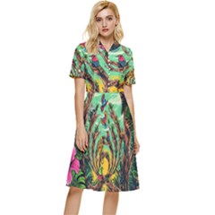 Monkey Tiger Bird Parrot Forest Jungle Style Button Top Knee Length Dress by Grandong