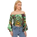 Monkey Tiger Bird Parrot Forest Jungle Style Off Shoulder Flutter Bell Sleeve Top View3