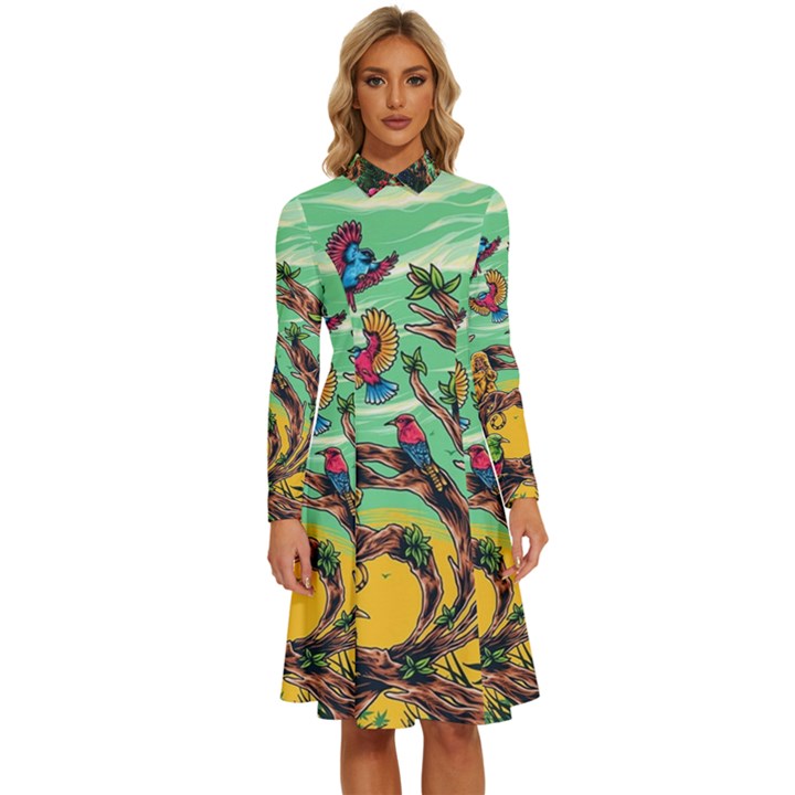 Monkey Tiger Bird Parrot Forest Jungle Style Long Sleeve Shirt Collar A-Line Dress