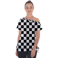 Black White Checker Pattern Checkerboard Off Shoulder Tie-up Tee
