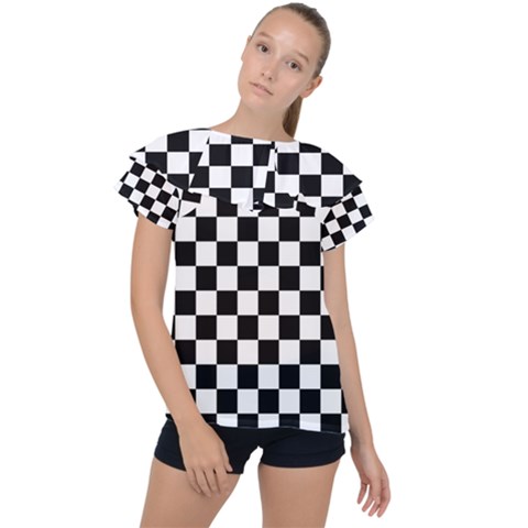 Black White Checker Pattern Checkerboard Ruffle Collar Chiffon Blouse by Cowasu