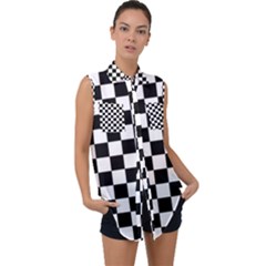 Black White Checker Pattern Checkerboard Sleeveless Chiffon Button Shirt