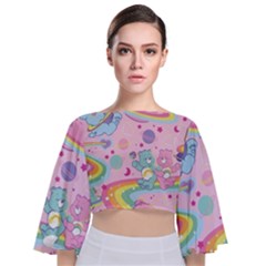 Bears Kawaii Pattern Tie Back Butterfly Sleeve Chiffon Top