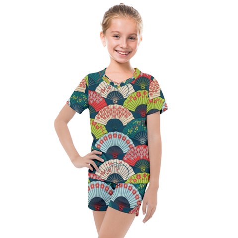 Japanese Fans Bright Pattern Kids  Mesh Tee And Shorts Set by Cowasu