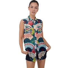 Japanese Fans Bright Pattern Sleeveless Chiffon Button Shirt