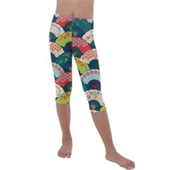 Japanese Fans Bright Pattern Kids  Lightweight Velour Capri Leggings 