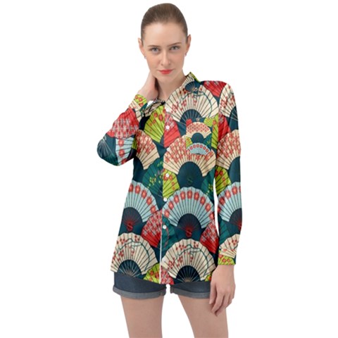 Japanese Fans Bright Pattern Long Sleeve Satin Shirt by Cowasu