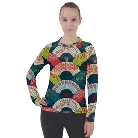 Japanese Fans Bright Pattern Women s Pique Long Sleeve Tee by Cowasu