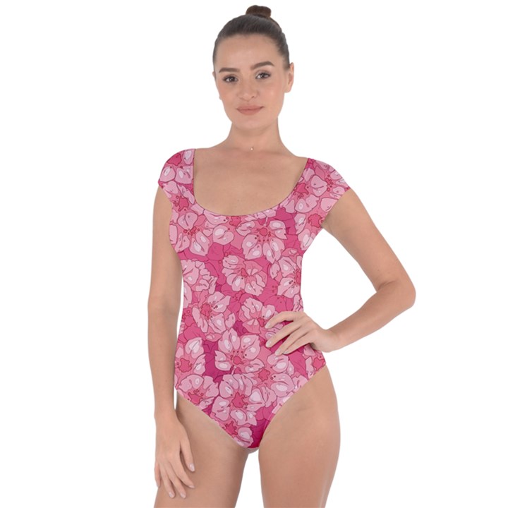 Cute Pink Sakura Flower Pattern Short Sleeve Leotard 