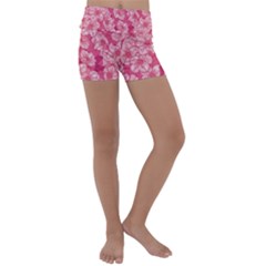 Cute Pink Sakura Flower Pattern Kids  Lightweight Velour Yoga Shorts