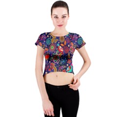 Pattern Colorful Bird Leaf Flower Crew Neck Crop Top by Cowasu